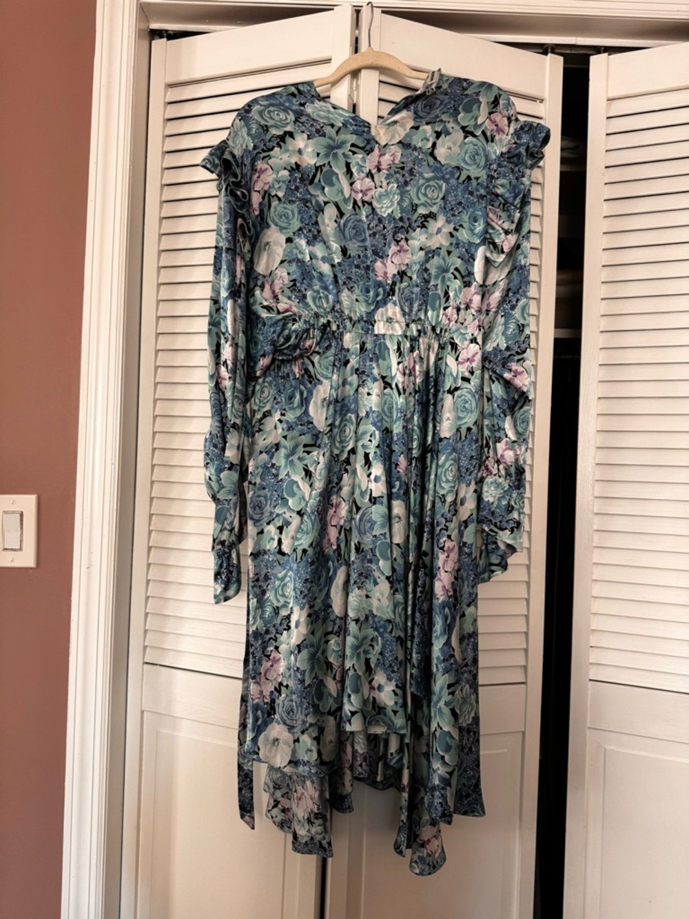 Balenciaga Blue Floral Long-Sleeve Tie-Waist Midi Dress